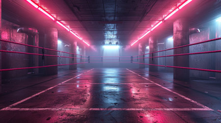 A long hallway is bathed in a vibrant red glow from neon lights, creating an eerie and atmospheric ambiance.の素材