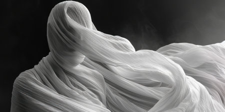 A black and white photograph showing a woman enveloped in white fabric.の素材