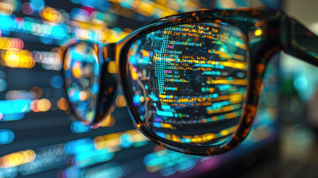 A simple pair of glasses positioned on top of a wooden table.の素材
