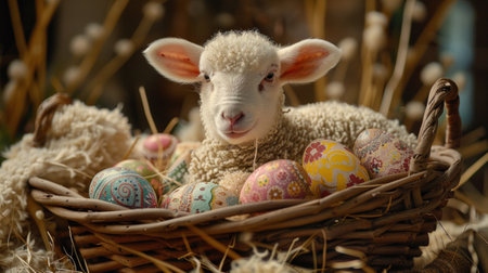 A lamb is seated in a basket filled with colorful Easter eggs.の素材