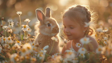 A young girl is seated among daisies in a field, accompanied by a fluffy bunny.の素材