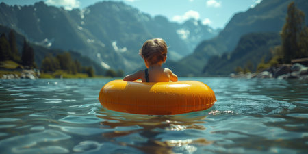 A baby sits on an inflatable raft floating on the water.の素材