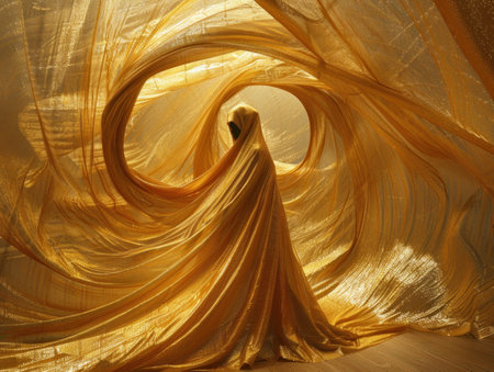 A woman wearing a yellow dress is standing in front of a curtain.の素材