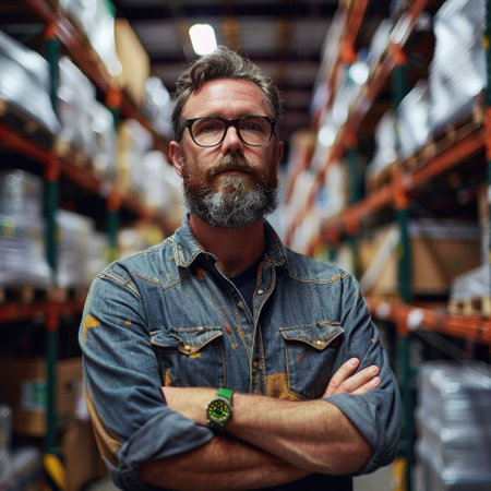 A confident male warehouse employee stands with arms crossed in a busy storage facility, showcasing work and determination.の素材
