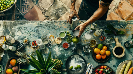 A man proudly stands over a table overflowing with a mouth-watering array of delicious food, ready to indulge in a delightful feast.の素材