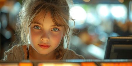 A young girl sits at a table, focused on using a computer.の素材