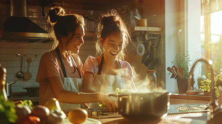 Two women are seen standing next to each other in a kitchen, engaged in conversation or working on a culinary project.の素材