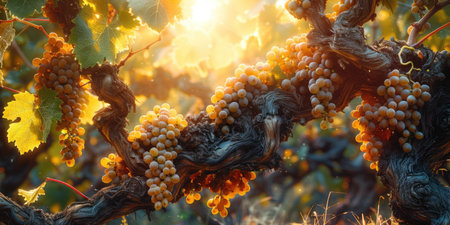 Ripe grapes clustered on vine hanging from tree branch.の素材