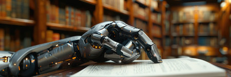 A robotic hand placed on top of a book in a library setting, showcasing the fusion of technology and learning.の素材