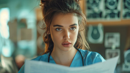 Back view of a female doctor reviewing medical documents inside a hospital, representing healthcare professionals at work.の素材