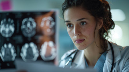 A young female doctor is intently studying MRI scans, depicting brain images, in a medical office setting.の素材