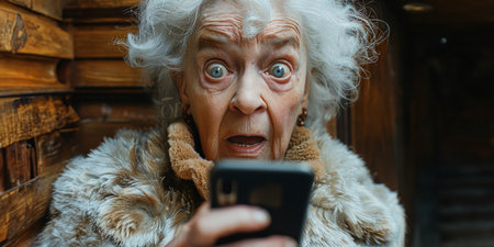 An elderly woman with gray hair is engrossed in using her cell phone, most likely making an online payment or shopping online.の素材