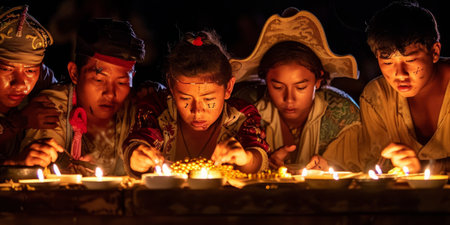 A group of diverse individuals stands around a wooden table adorned with candles, creating a mysterious and enchanting atmosphere.の素材
