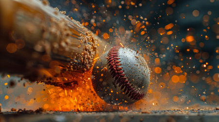 A baseball soaring through the air as it is hit by a bat, capturing the intense moment of impact in a dynamic and energetic display.の素材