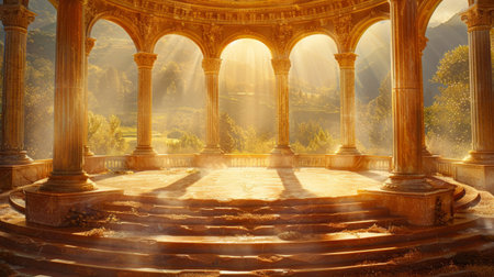 A mysterious painting of a gaze surrounded by lush greenery in the heart of a park, reminiscent of ancient Roman arenas and amphitheaters.の素材