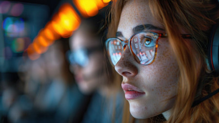 A woman wearing headphones and glasses is focused on something, possibly infographics or a monitor.の素材
