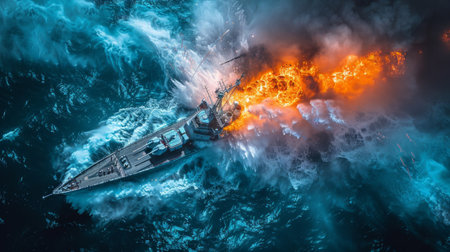 A solitary boat braving the vast expanse of water, navigating through uncertainty and adventure as it journeys onwards.の素材