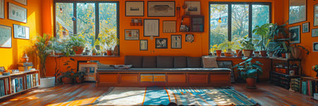 A cozy living room furnished with a plethora of elegant pieces, bathed in natural light pouring in through numerous large windows.の素材