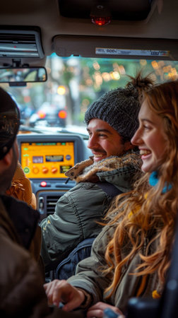 A group of diverse strangers sit quietly in the back of a bus as they journey through the night, each lost in their own contemplation.の素材
