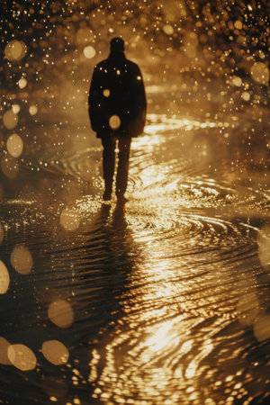 A lone figure, in silhouette, walks confidently through a downpour in the dark of night.の素材