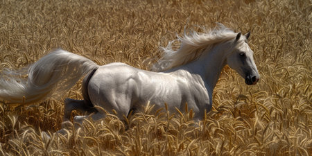 majestic white horse races through a sun-kissed field of tall golden grass, its mane flowing in the wind.の素材