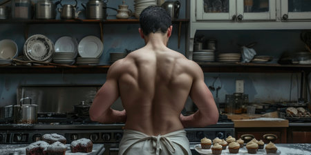 man stands in front of a counter filled with an assortment of delicious cupcakes.の素材