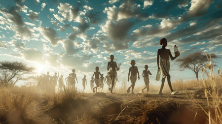group of individuals walking together across a dry grass field.の素材
