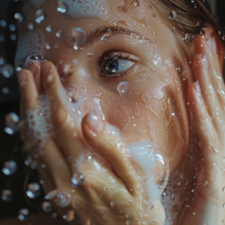 woman with her hands covering her face, water droplets glistening on her skin.の素材