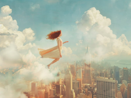 woman on a cloud defies gravity as she soars through the sky above a bustling city.の素材
