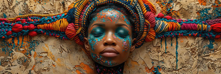 portrait of a woman with her face adorned in blue and orange paint.の素材