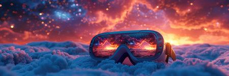 pair of virtual reality goggles resting on top of a ground covered with clouds.の素材