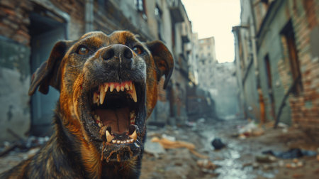 dog with its mouth open wide, appearing alert and attentive.の素材