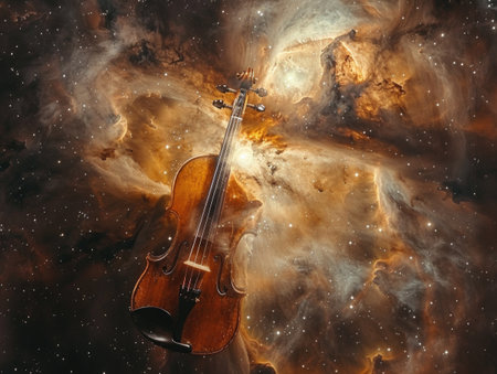 violin placed in the center of a star-filled space.の素材