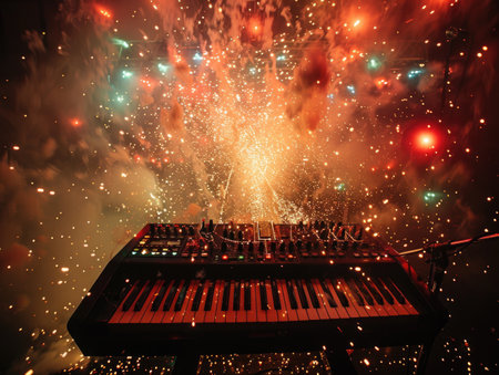 piano keyboard in the foreground with vibrant fireworks lighting up the background.の素材
