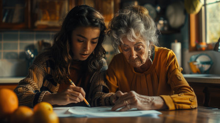 Two women sitting at a table engage in the act of writing on a piece of paper.の素材