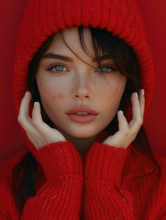 woman dressed in a red sweater and red hat poses for a photo.の素材