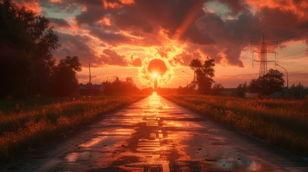 sun sets over a road with water puddles, creating a dramatic scene.の素材