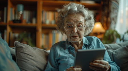 elderly woman engages with a tablet while seated on a couch.の素材