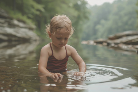 young girl is seen wading in a body of water, enjoying the experience. She appears to be having fun and exploring the water around her.の素材