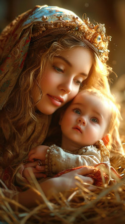 woman tenderly cradling a baby in her arms, resembling the holy virgin Mary holding baby Jesus Christ.の素材