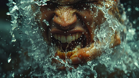 Close up of a monkey with a fist and broken teeth swimming in the water.の素材