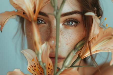 A woman with freckles on her face gazes ahead with a serene expression, surrounded by a variety of colorful flowers.の素材