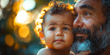 A bearded man holding a small child in his arms, showing care and affection.の素材