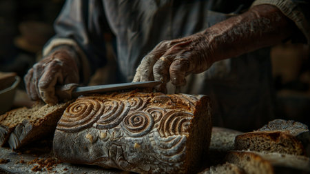 A man skillfully slices a loaf of bread with a knife on a wooden cutting board, creating perfectly even slices for a delicious meal.の素材