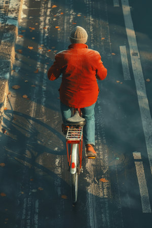 A person joyfully pedals their bike down a bustling city street, the wind tousling their hair as they navigate through the urban landscape.の素材