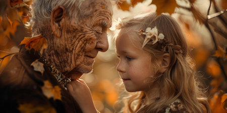 An old man and a young girl are standing next to each other.の素材