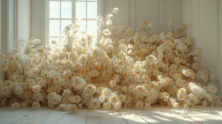A cluster of delicate white flowers resting gracefully on a textured wooden floor in a bright room.の素材
