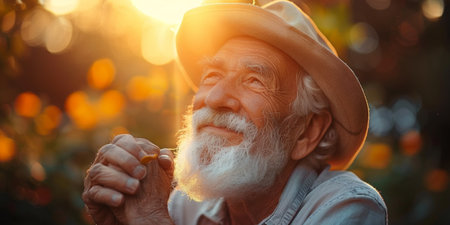 An elderly man wearing a white beard and a hat.の素材