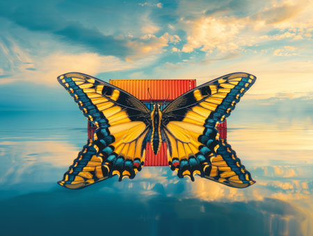 A vibrant yellow butterfly delicately perched on top of a cargo container, showcasing natures beauty meeting industrial elements.の素材