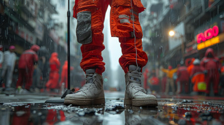 A lone rapper stands stoically amidst the rain-soaked pavement, allowing the downpour to envelop them in a somber, introspective moment.の素材